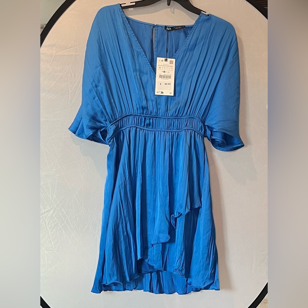 Zara Royal Blue V‑Neck Pleated Mini Dress